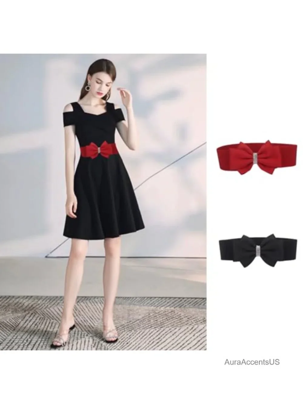 Stretch Belt with Rhinestone Bow Elastic Waist Accessory for Dresses Jeans